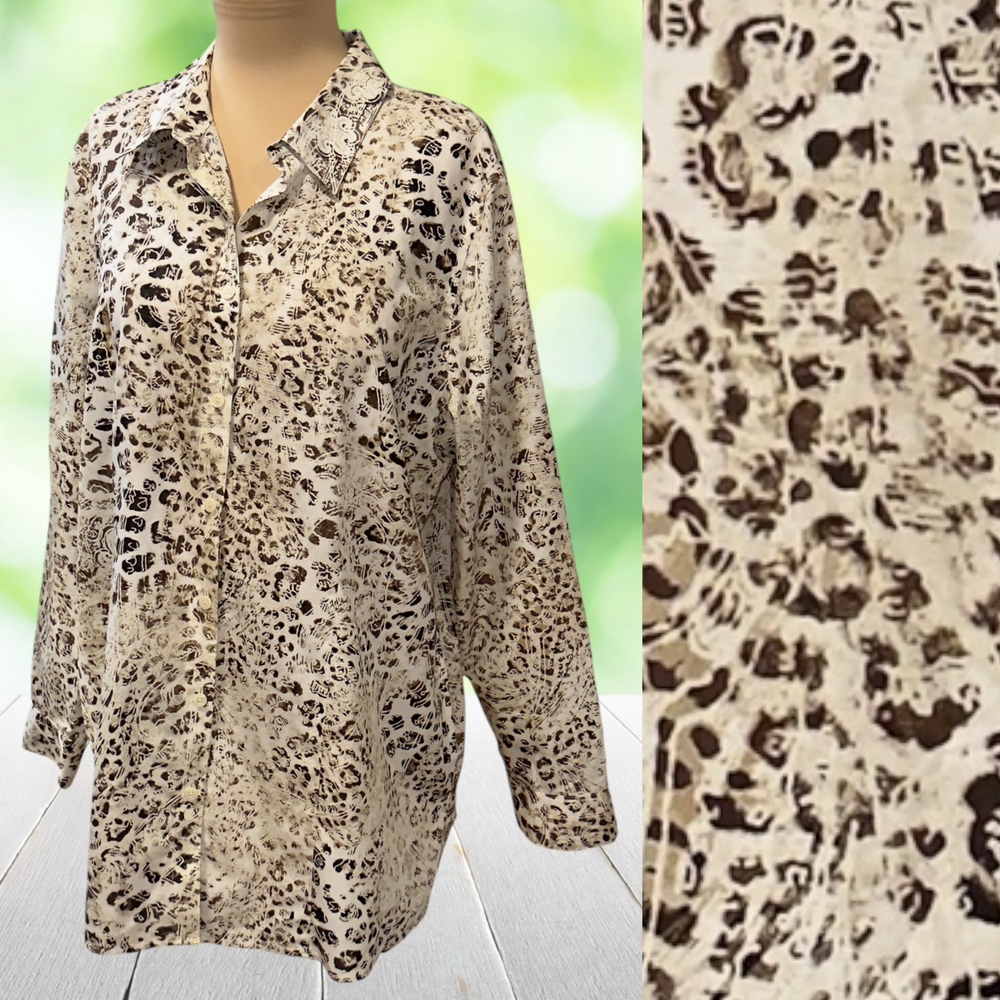 CHICOS Button Front Tunic Top Leopard Animal Print No Iron Brown Cream Sz 3 (XL)